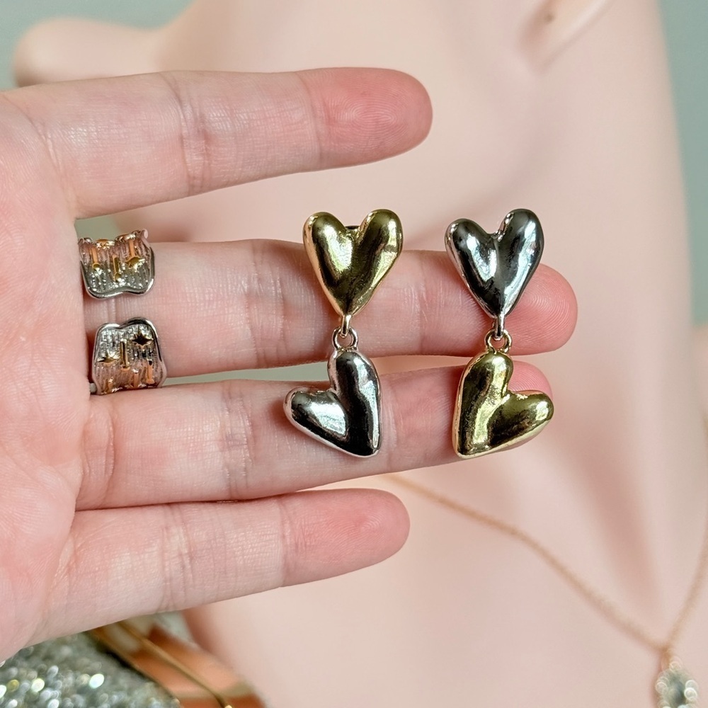 Minimalist Design Gold and Silver Heart Earrings - Picture 4 of 9